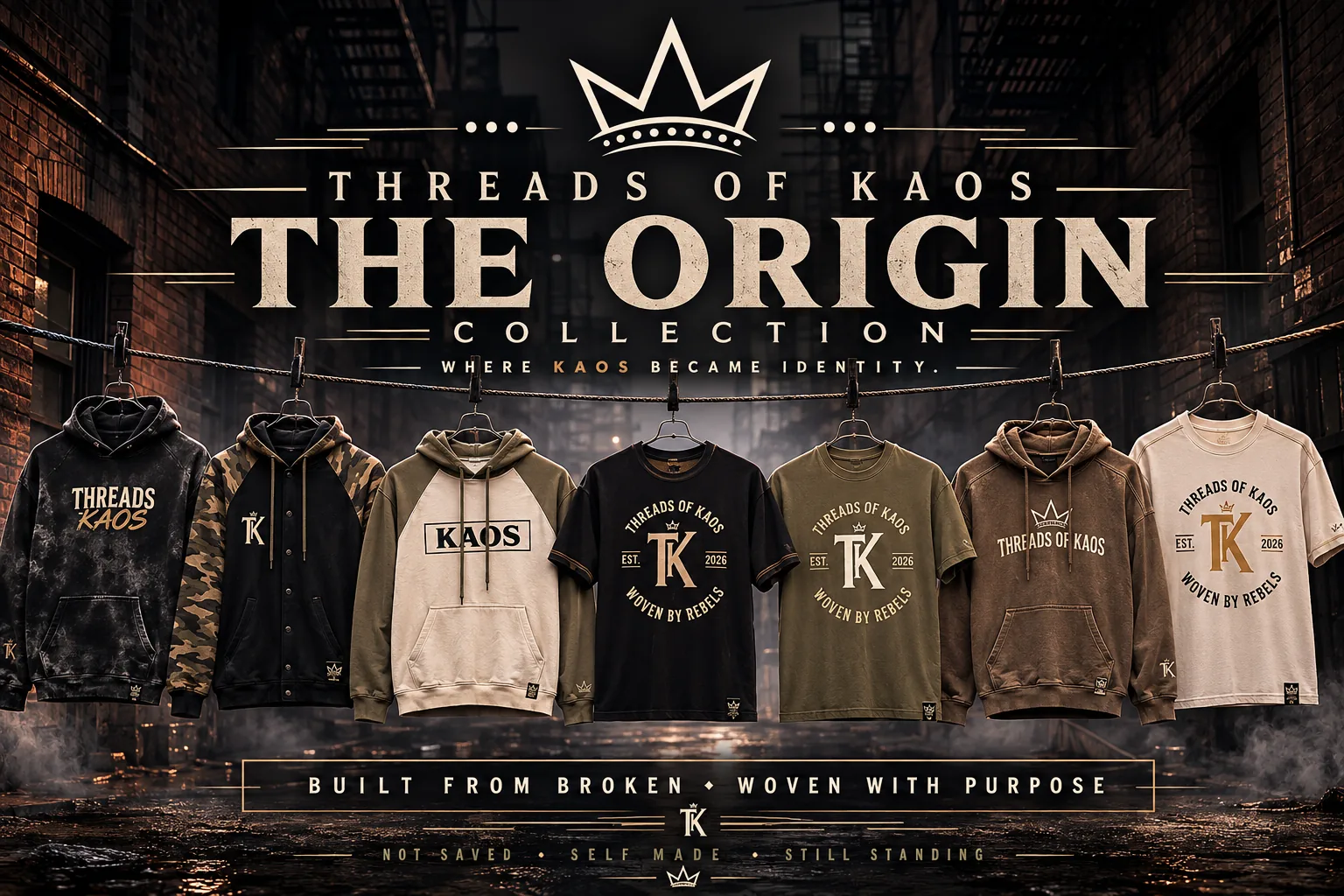 The Origins Collection by Threads of Kaos, hoodies and tees hung in an industrial alleyway