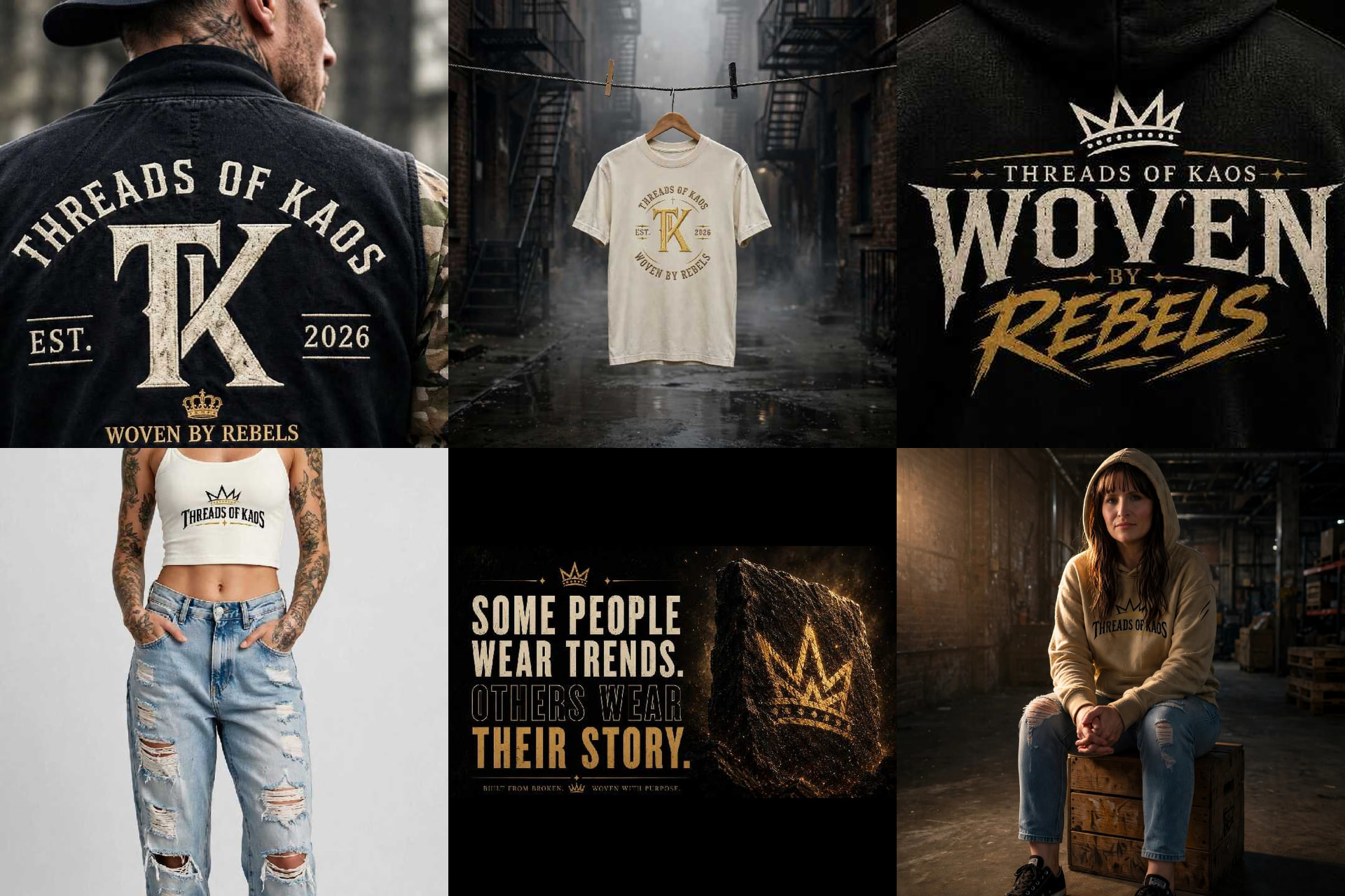 Threads of Kaos community collage, Woven by Rebels pieces, statement artwork, and the people who wear the story.