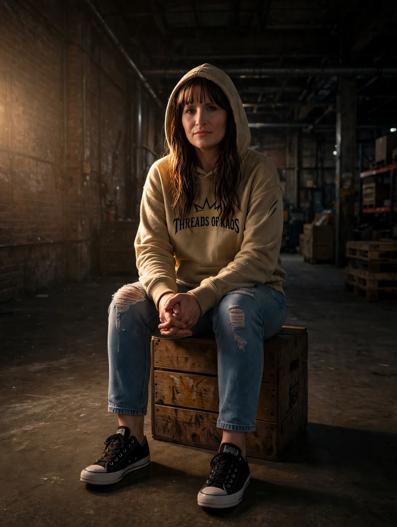 Belinda Slusher, founder of Threads of Kaos, wearing a Woven by Rebels tee in a dark alley, survivor, creator, rebel.