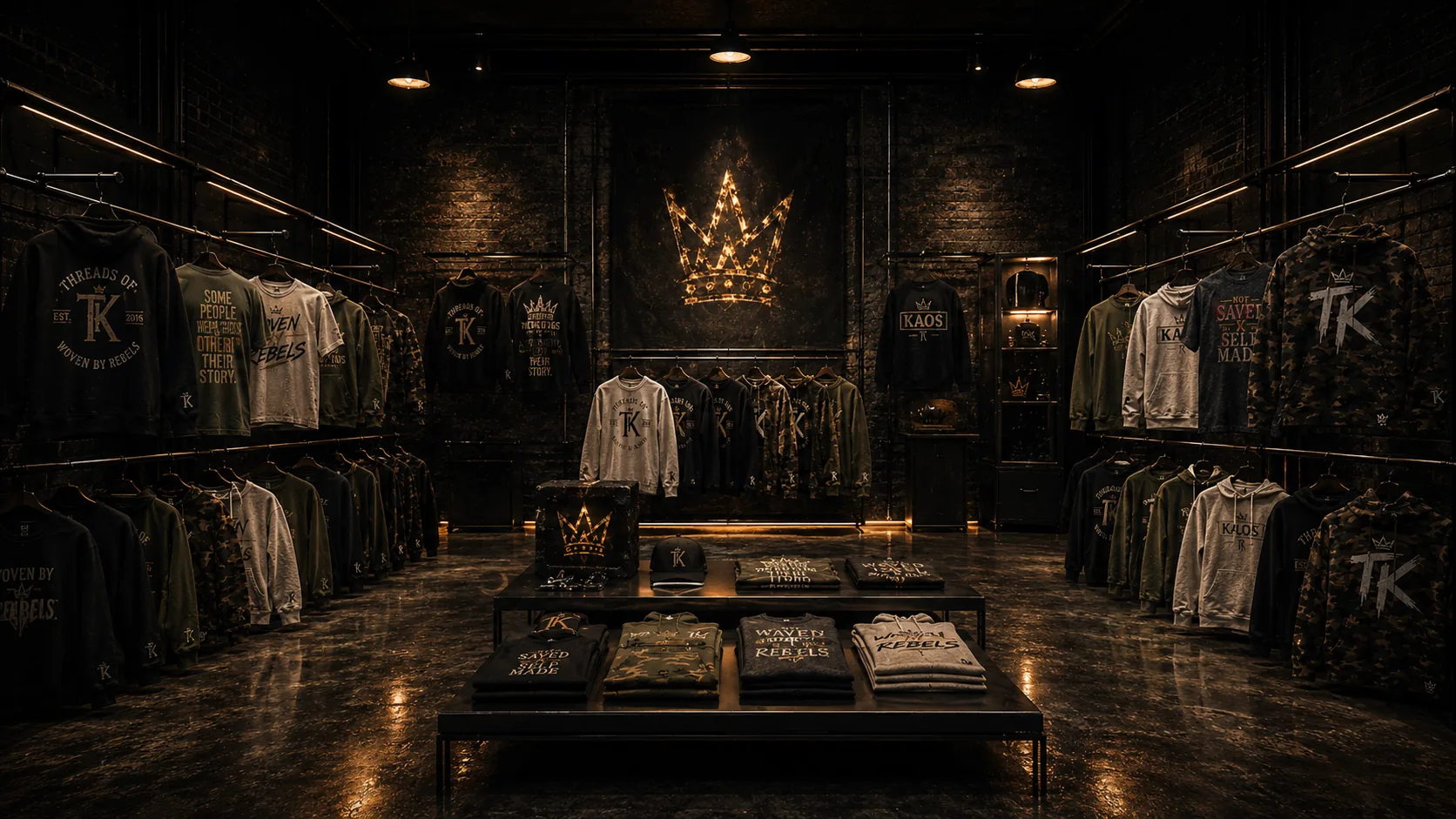 Threads of Kaos brand gallery: premium streetwear, crown sigils, and the movement made visible in a dark industrial space.