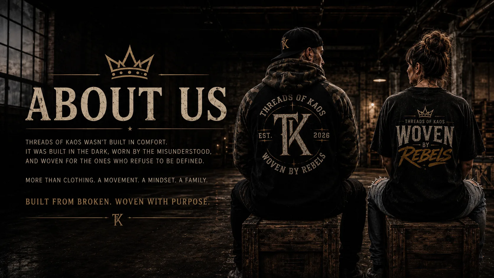 Threads of Kaos wasn't built in comfort. Two members of the movement seated on crates in a warehouse wearing Woven by Rebels pieces.