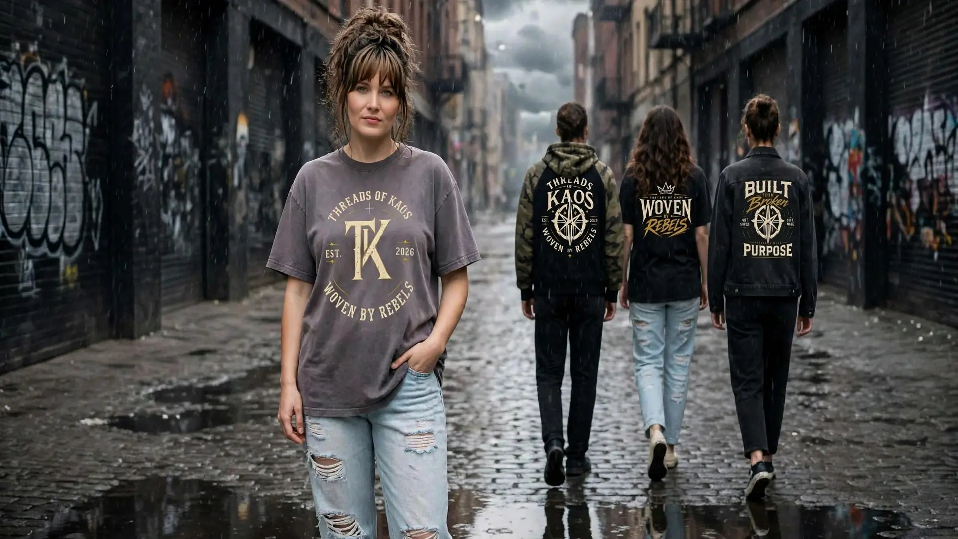 Threads of Kaos crew in a downtown alley wearing Built Different, Woven by Rebels, and Not Saved Self Made pieces